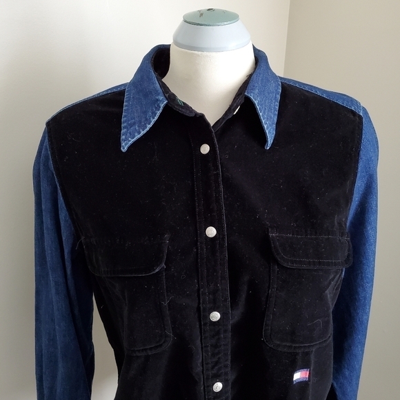 Vintage Tommy Hilfiger Velvet & Denim Snap Button Down Shirt Size 12 - Picture 3 of 10